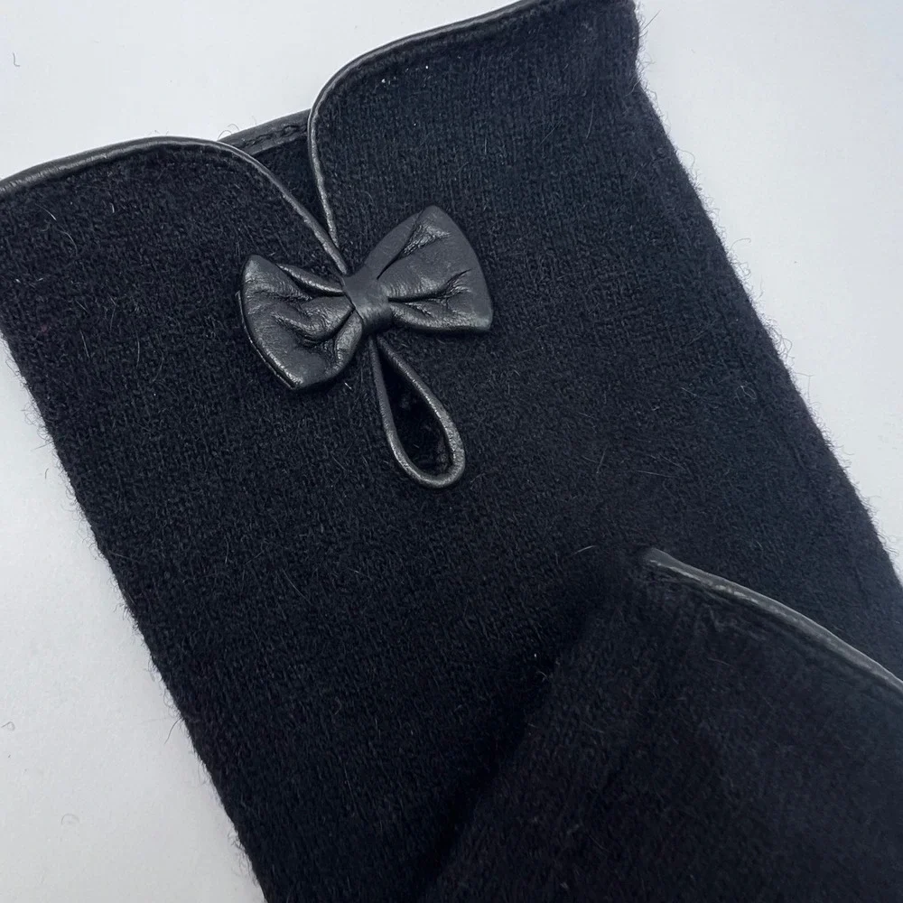 Elegant Black Knit Gloves Leather Bow Womens Small Touchscreen Finger Coquette